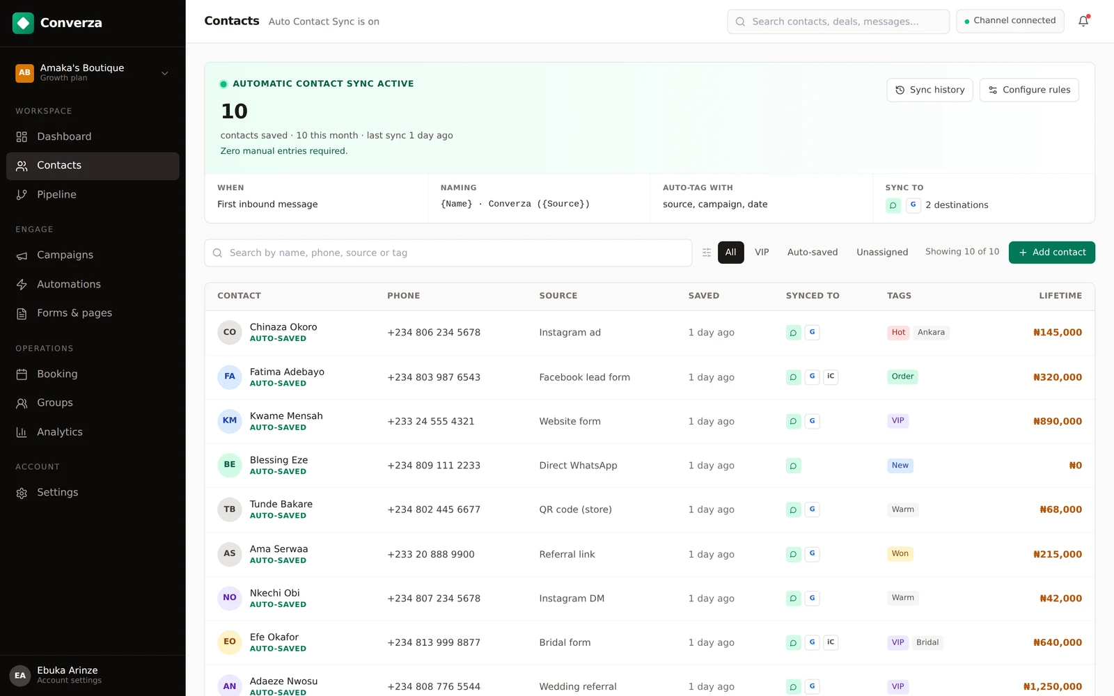 Converza: the contacts page