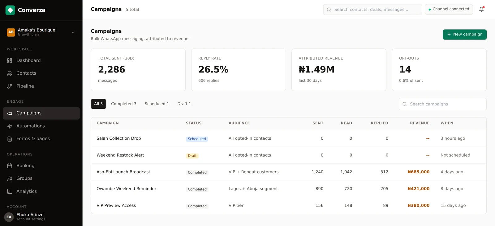 Converza: the campaigns page