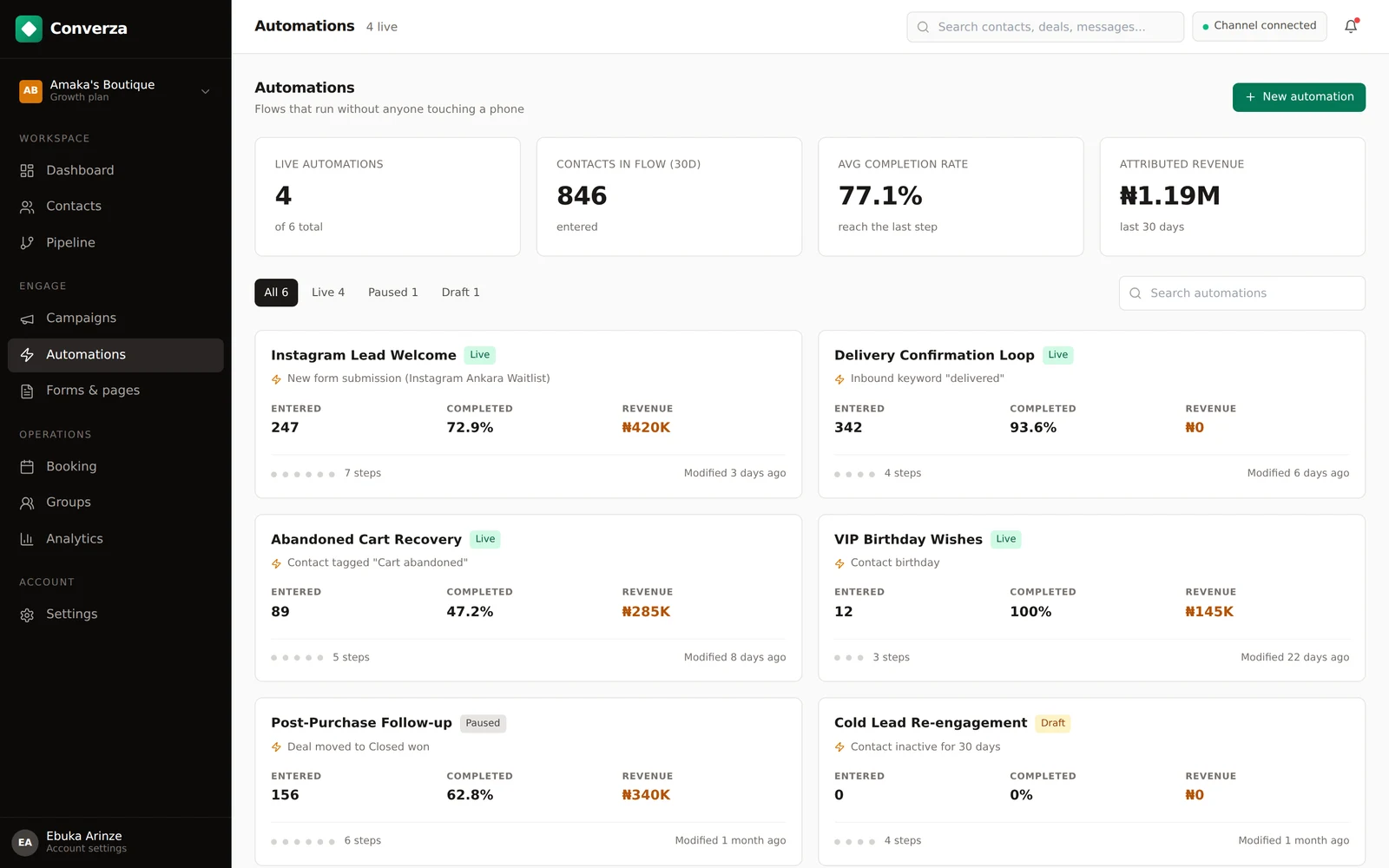 Converza: the automations page